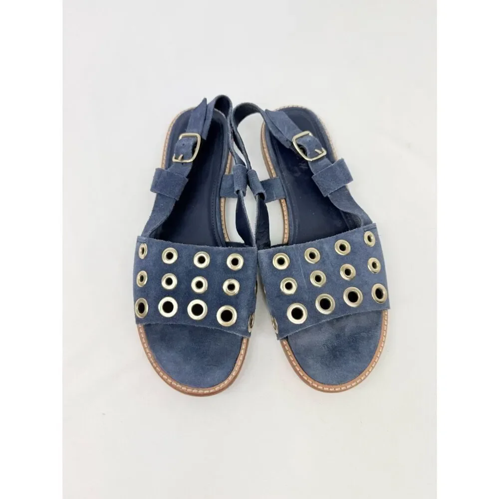 J. Crew Blue Suede Leather Gold Grommet Slingback Nautical Flat Sandals
